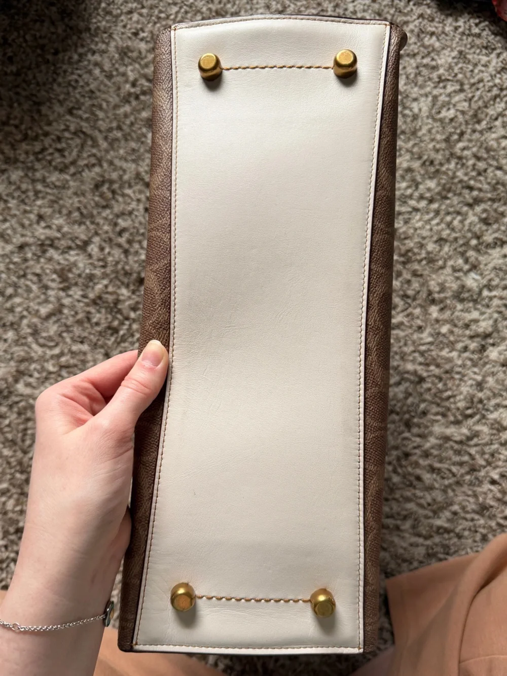 Coach Signature Canvas Tote in Brown with Cream Handles